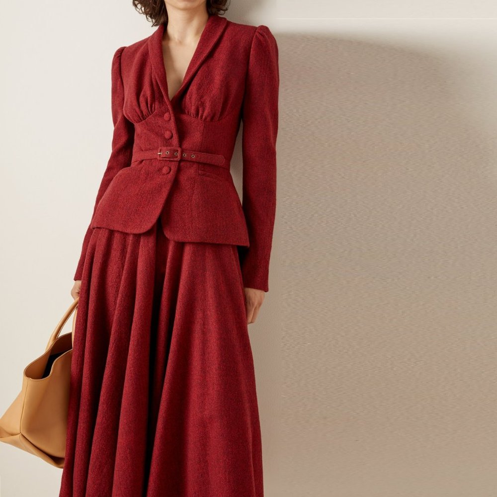 LENA HOSCHEK Puff Sleeve Love Letter Belted Wool Jacket "Romance Red" Valentines